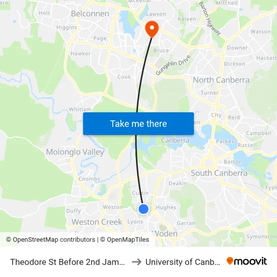 Theodore St Before 2nd James St to University of Canberra map