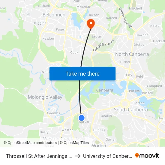 Throssell St After Jennings St to University of Canberra map