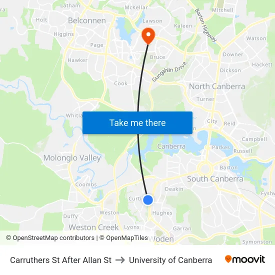 Carruthers St After Allan St to University of Canberra map