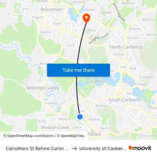Carruthers St Before Curtin Ps to University of Canberra map