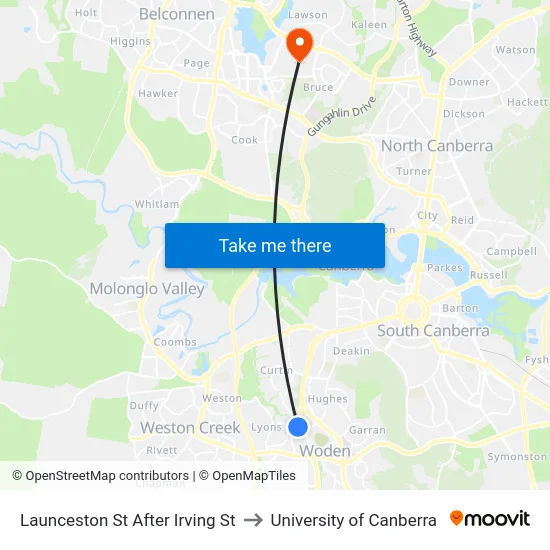 Launceston St After Irving St to University of Canberra map