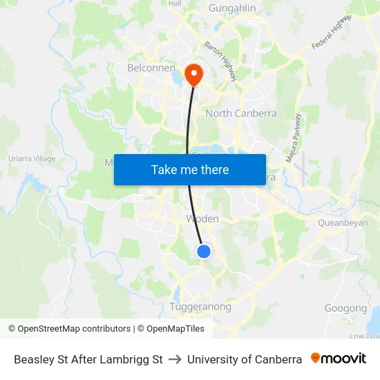 Beasley St After Lambrigg St to University of Canberra map