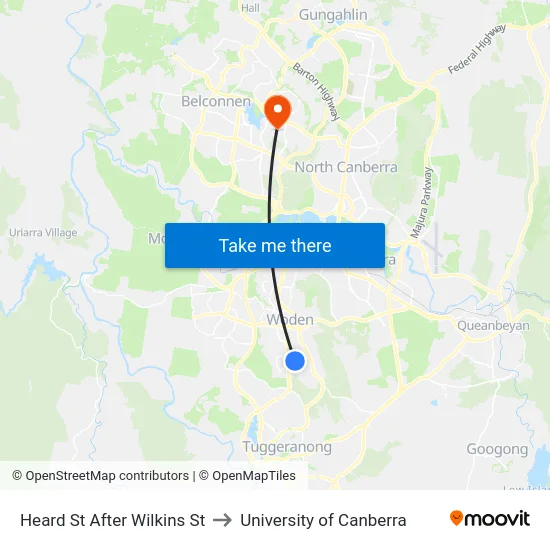 Heard St After Wilkins St to University of Canberra map