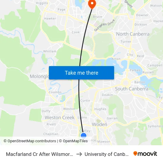 Macfarland Cr After Wilsmore Cr to University of Canberra map