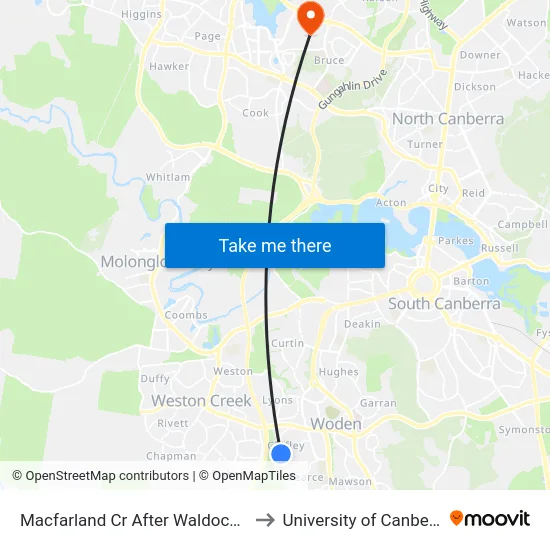 Macfarland Cr After Waldock St to University of Canberra map