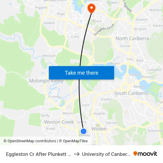 Eggleston Cr After Plunkett St to University of Canberra map