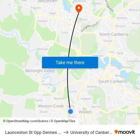 Launceston St Opp Dennes Pl to University of Canberra map