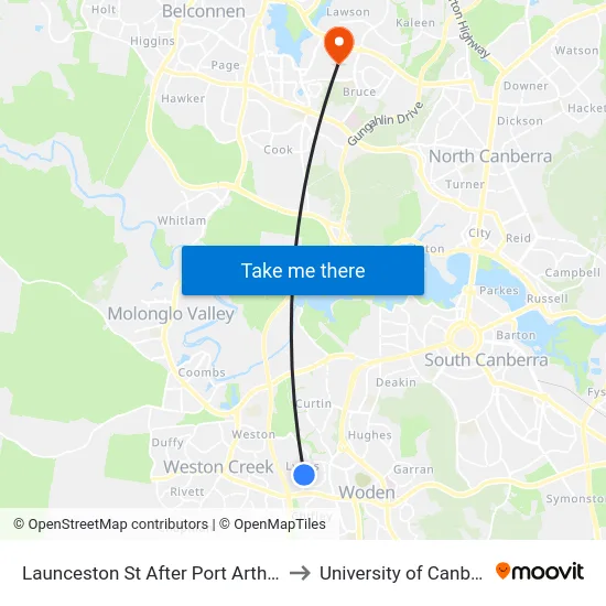 Launceston St After Port Arthur St to University of Canberra map