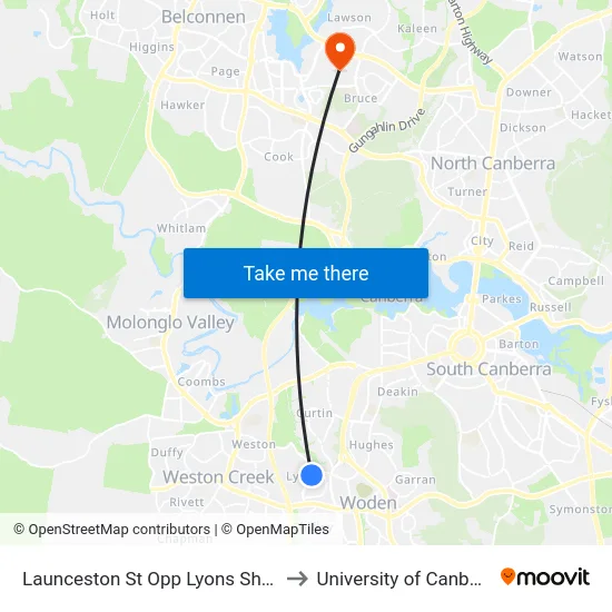 Launceston St Opp Lyons Shops to University of Canberra map
