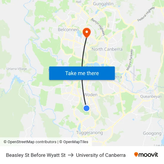 Beasley St Before Wyatt St to University of Canberra map