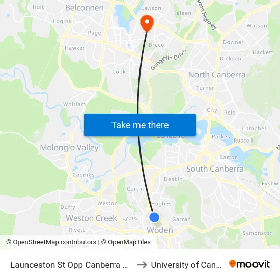 Launceston St Opp Canberra College to University of Canberra map