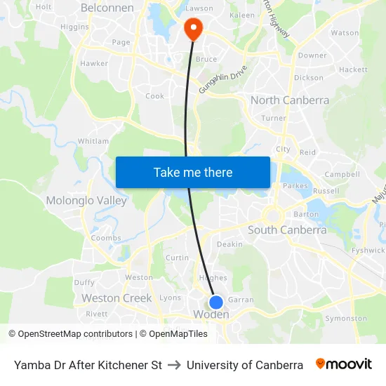 Yamba Dr After Kitchener St to University of Canberra map