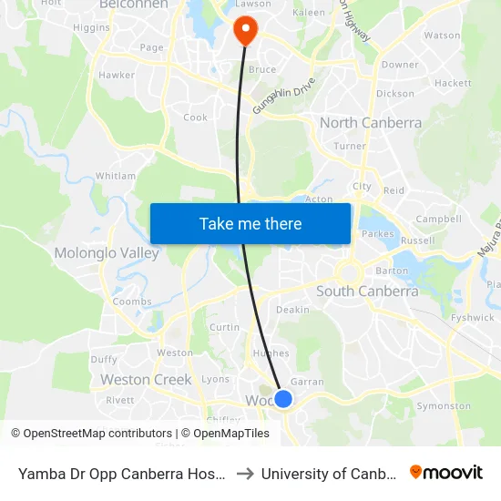 Yamba Dr Opp Canberra Hospital to University of Canberra map