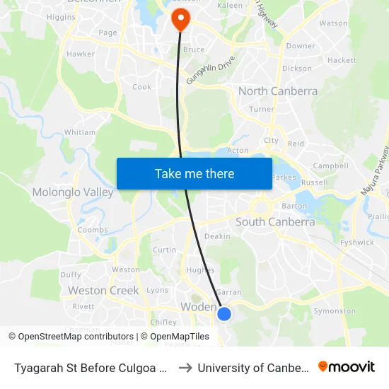 Tyagarah St Before Culgoa Cct to University of Canberra map