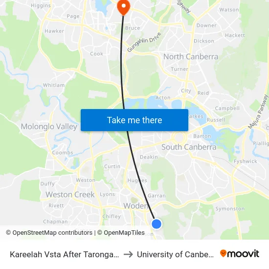 Kareelah Vsta After Taronga Pl to University of Canberra map