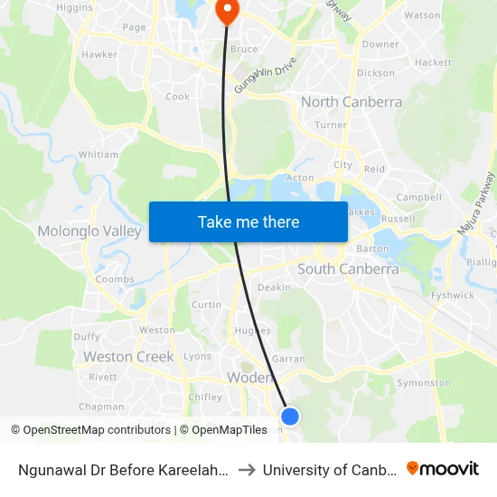 Ngunawal Dr Before Kareelah Vsta to University of Canberra map