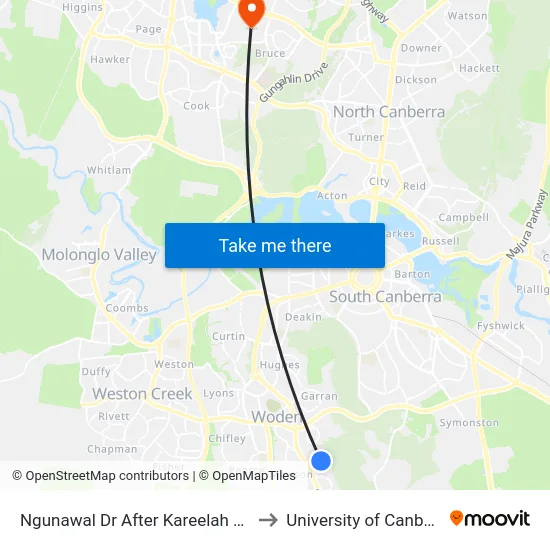 Ngunawal Dr After Kareelah Vsta to University of Canberra map