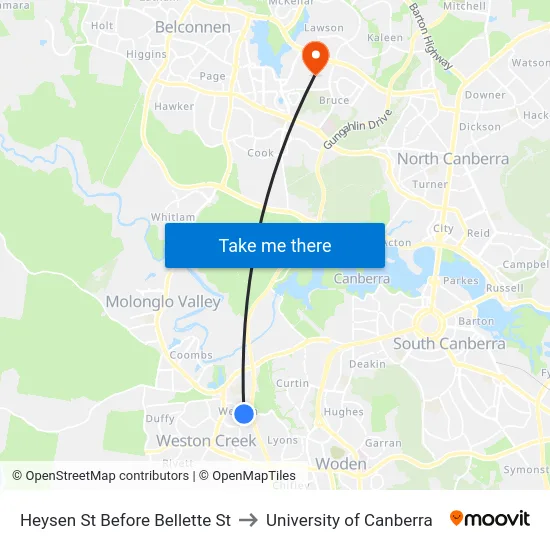 Heysen St Before Bellette St to University of Canberra map