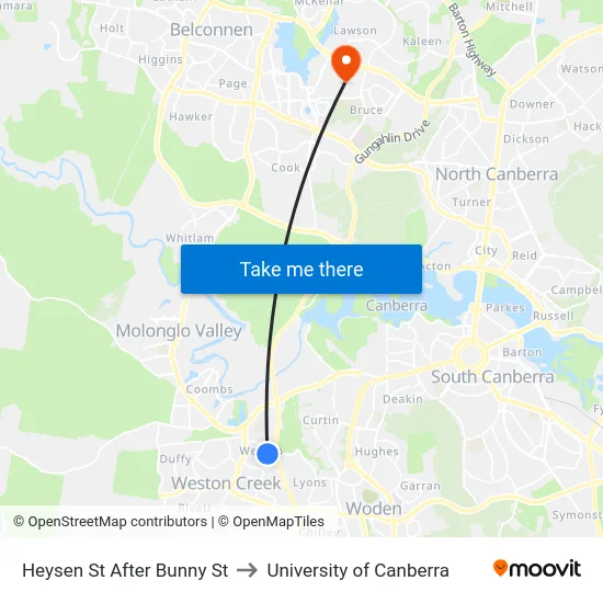 Heysen St After Bunny St to University of Canberra map