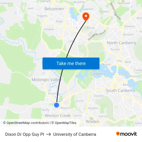 Dixon Dr Opp Guy Pl to University of Canberra map