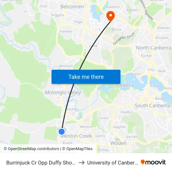 Burrinjuck Cr Opp Duffy Shops to University of Canberra map