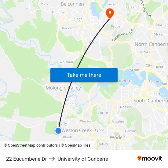 22 Eucumbene Dr to University of Canberra map