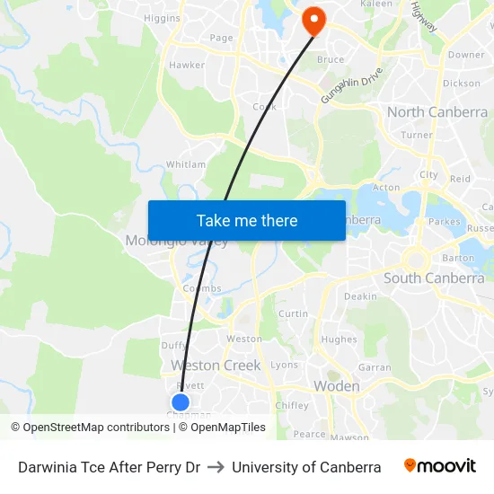 Darwinia Tce After Perry Dr to University of Canberra map