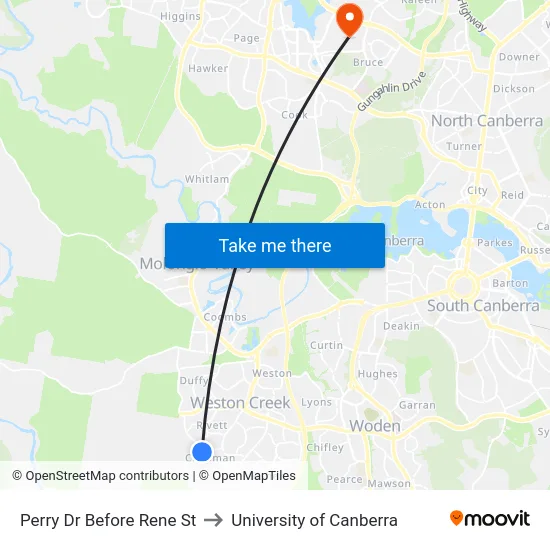 Perry Dr Before Rene St to University of Canberra map