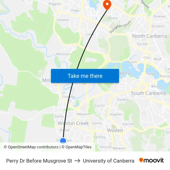 Perry Dr Before Musgrove St to University of Canberra map