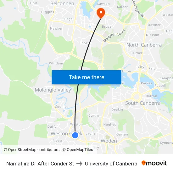 Namatjira Dr After Conder St to University of Canberra map