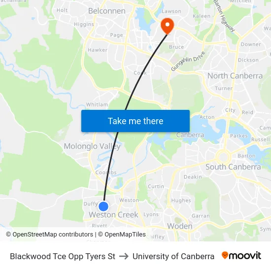 Blackwood Tce Opp Tyers St to University of Canberra map