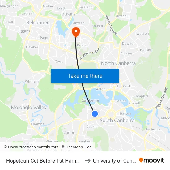 Hopetoun Cct Before 1st Hampton Cct to University of Canberra map