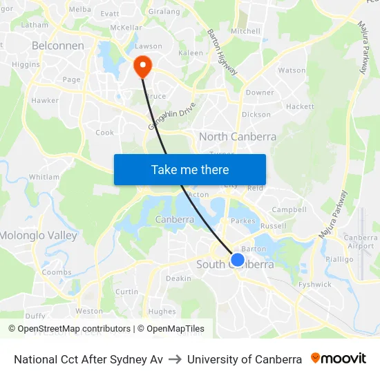 National Cct After Sydney Av to University of Canberra map