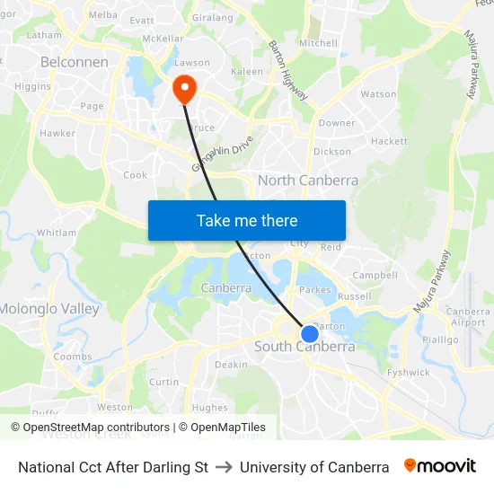 National Cct After Darling St to University of Canberra map