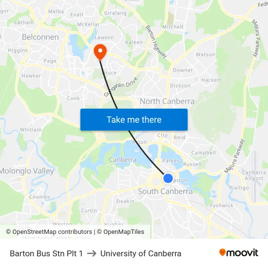 Barton Bus Stn Plt 1 to University of Canberra map