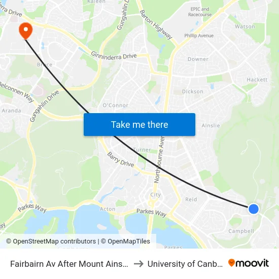 Fairbairn Av After Mount Ainslie Dr to University of Canberra map