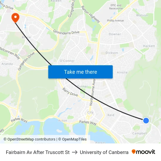 Fairbairn Av After Truscott St to University of Canberra map