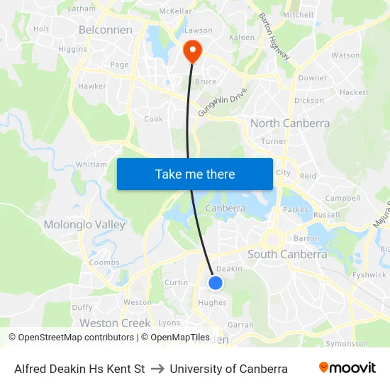 Alfred Deakin Hs Kent St to University of Canberra map