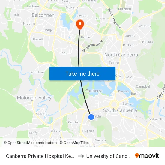 Canberra Private Hospital Kent St to University of Canberra map