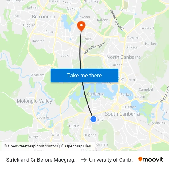 Strickland Cr Before Macgregor St to University of Canberra map
