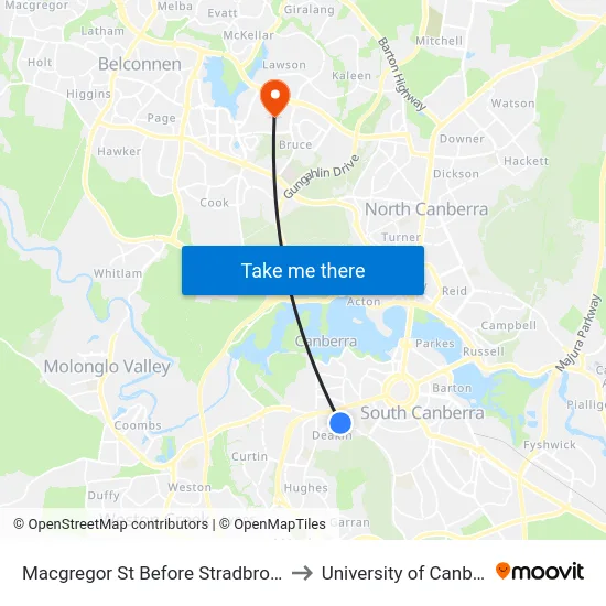 Macgregor St Before Stradbroke St to University of Canberra map