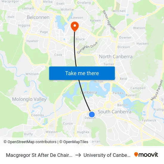 Macgregor St After De Chair St to University of Canberra map
