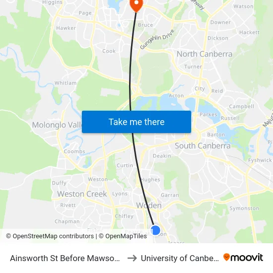 Ainsworth St Before Mawson Dr to University of Canberra map