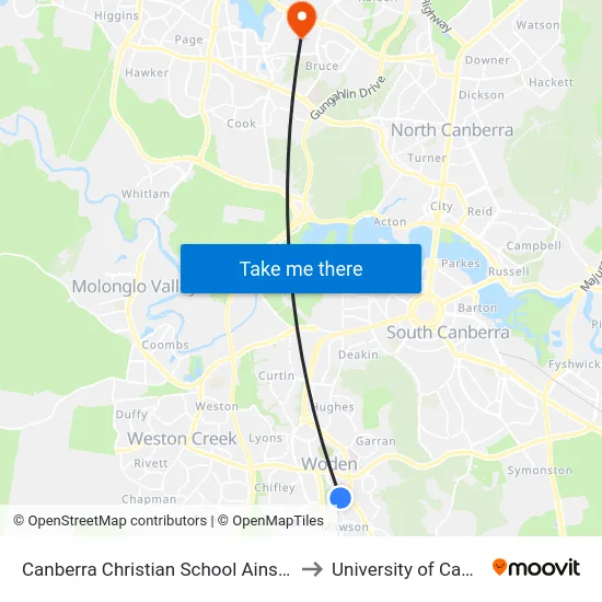 Canberra Christian School Ainsworth St to University of Canberra map