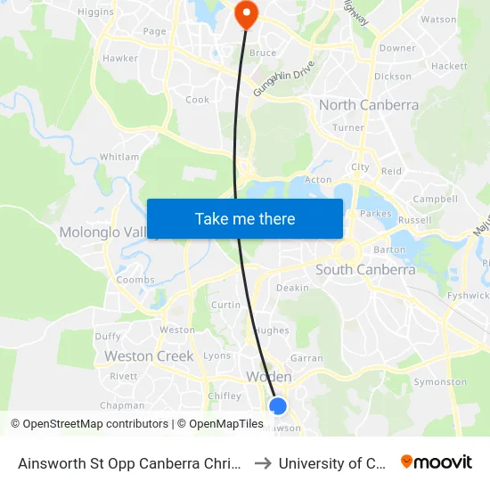 Ainsworth St Opp Canberra Christian School to University of Canberra map