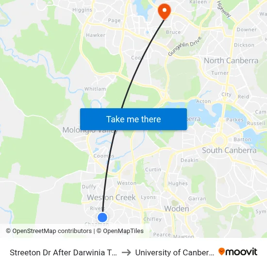 Streeton Dr After Darwinia Tce to University of Canberra map
