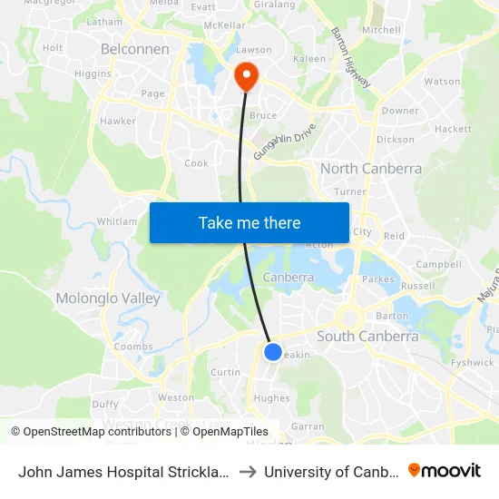 John James Hospital Strickland Cr to University of Canberra map