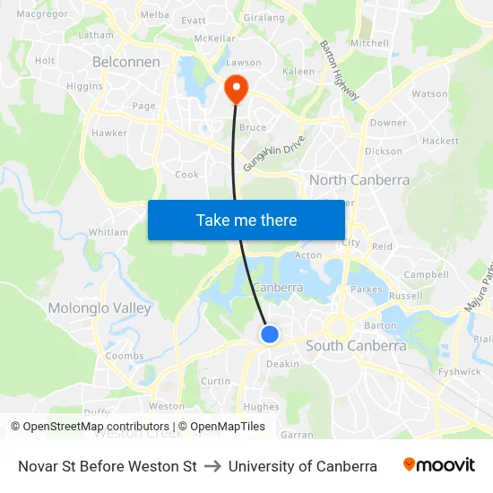 Novar St Before Weston St to University of Canberra map