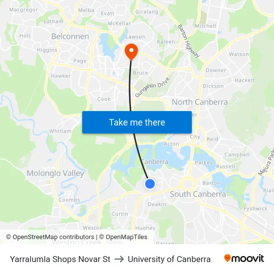 Yarralumla Shops Novar St to University of Canberra map