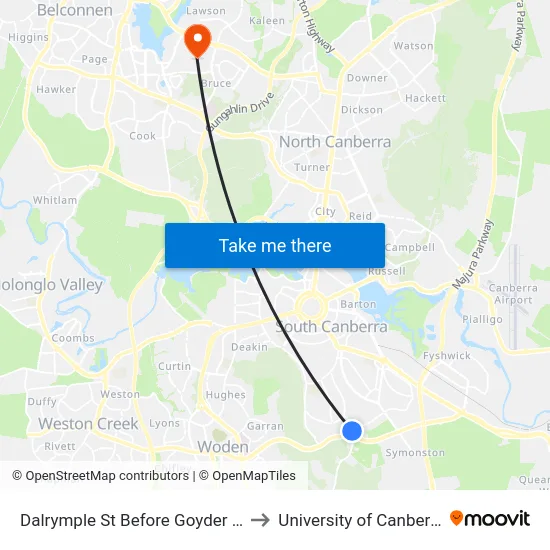 Dalrymple St Before Goyder St to University of Canberra map